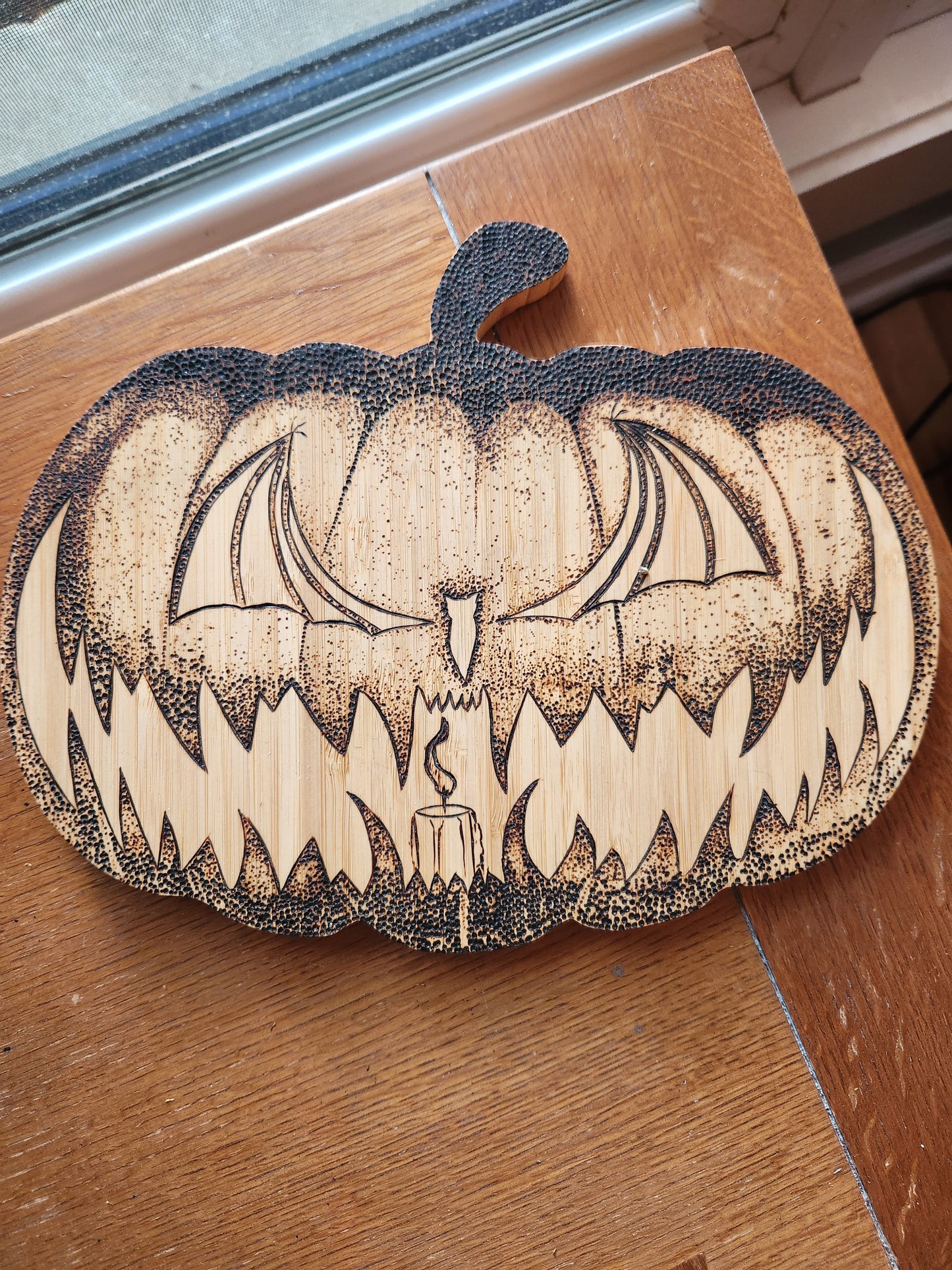 Jack-o’-lantern Pumpkin Wood-burned Board