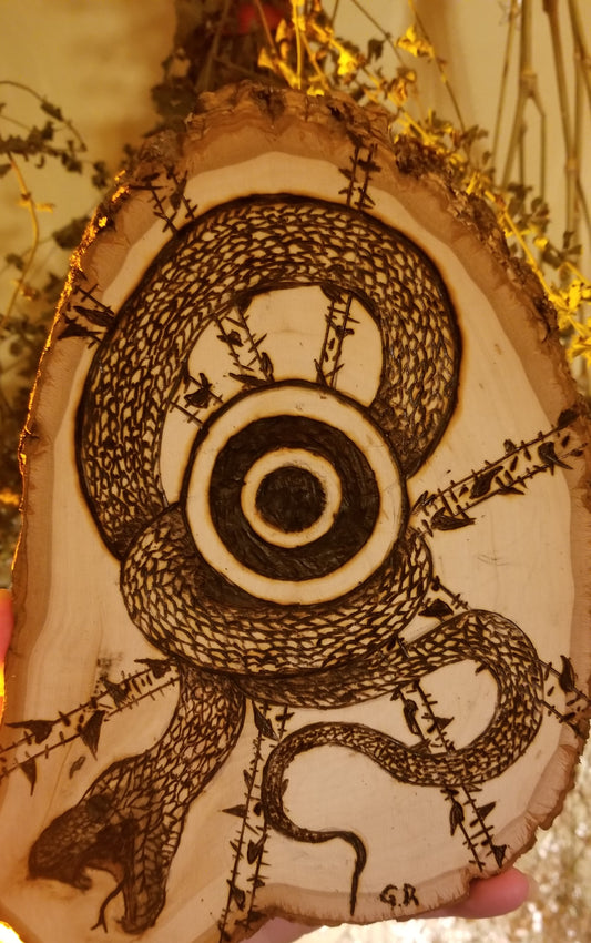 Evil Eye Protection Plaque Samhain Serpent Woodburnt Illustration