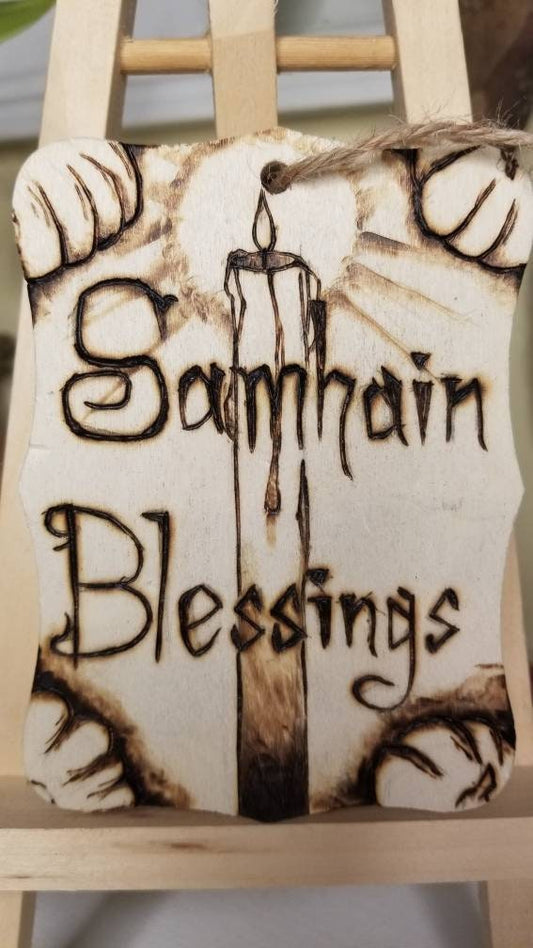 Samhain Blessings Wood Burnt Plaque